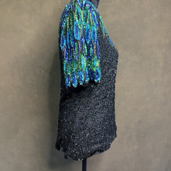 80s Women Stenay Sequin Blouse Top Black Blue Green Beaded Party Glam Occasion - Picture 2 of 11